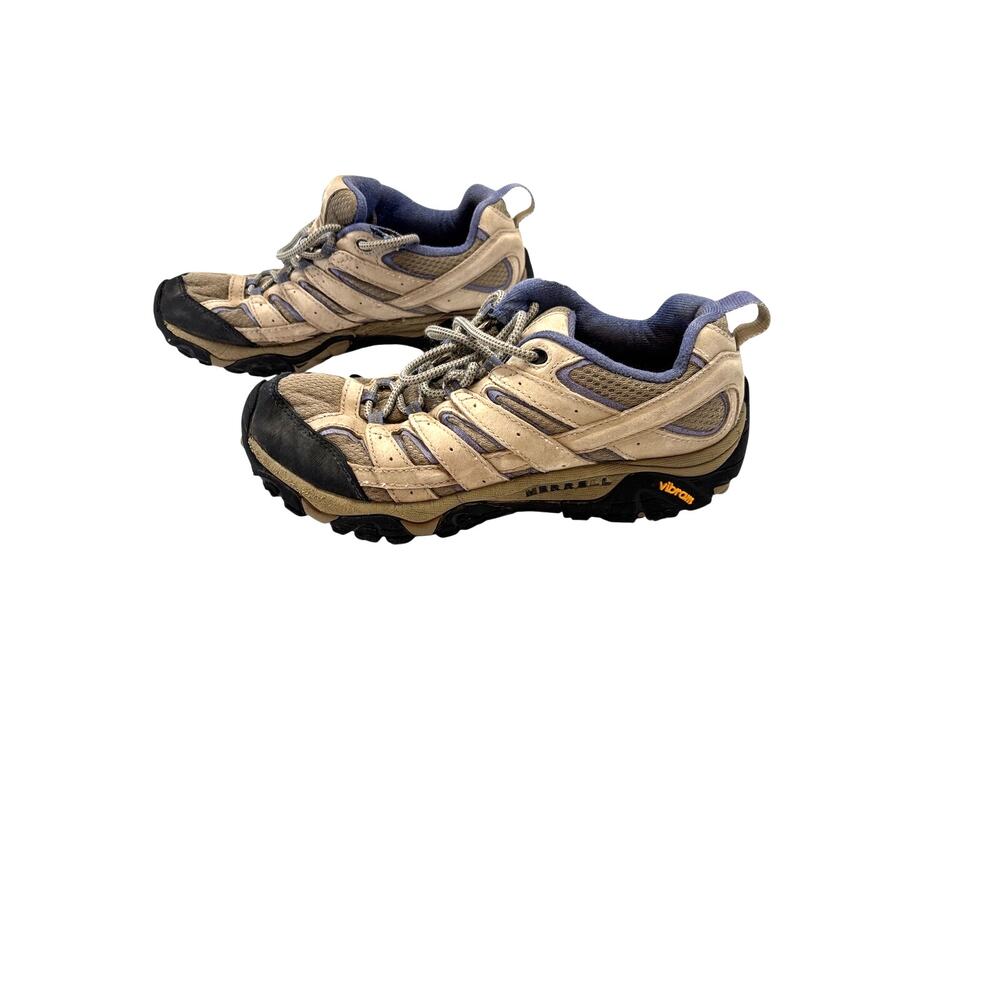 Merrell Women’s Hiking Shoes Size 9.5 Tan Blue Suede Mesh Outdoor Trail